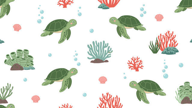 Beautiful seamless pattern of sea turtles swimming among colorful coral reefs and bubbles under the ocean.