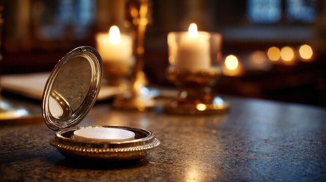 pyx. Open pyx containing white communion wafer on altar, illuminated by candlelight, still composition. event programs, museum guides, designed for cultural heritage projects and event programs.