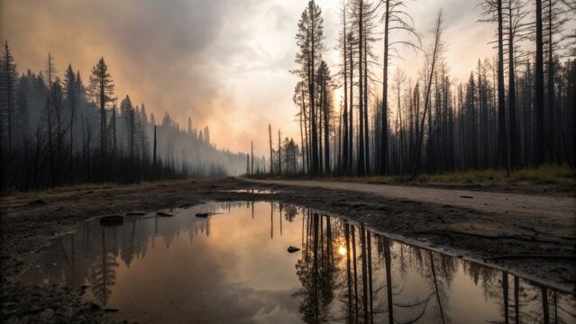 A smoky forest fire aftermath with charred trees and a reflective water puddle under a cloudy sky at dusk.