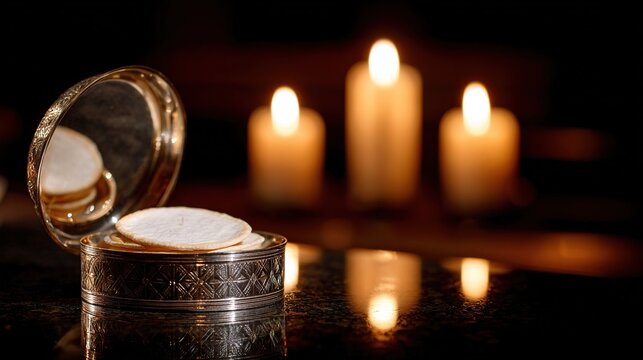 pyx. Open pyx containing white communion wafer on altar, illuminated by candlelight, still composition. event programs, museum guides, designed for cultural heritage projects and event programs.