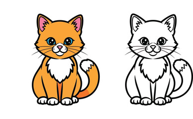 Obraz premium Cute cartoon cat vector illustration with colorful orange version and black and white outline for kids coloring book