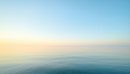 A tranquil minimalist seascape featuring a clear horizon where soft pastel skies meet calm, reflective waters, evoking a sense of peace and serenity in the vast open vista