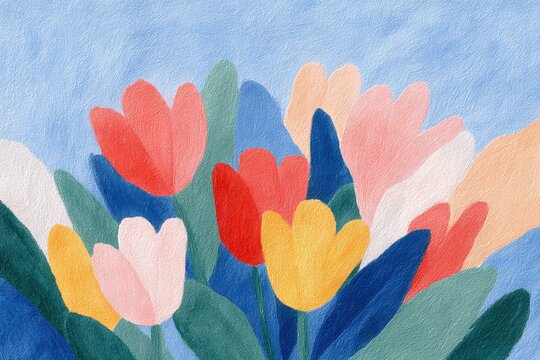 A painting of colorful tulips on a blue background.