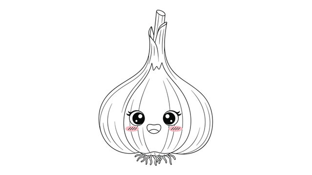 Adorable garlic character with a happy face and rosy cheeks in black line art style isolated on a white background for kids.