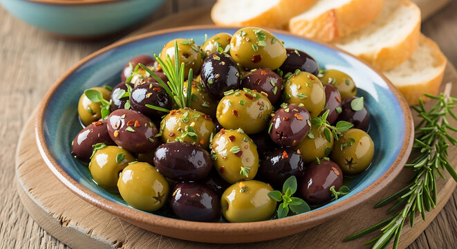 A rustic bowl of marinated green and black olives with fresh herbs and sliced bread.