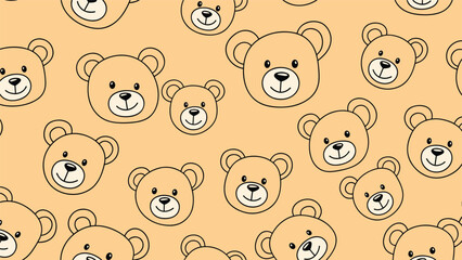 Fototapeta premium Adorable seamless pattern featuring multiple cute teddy bear faces on a warm orange background for children and baby designs.