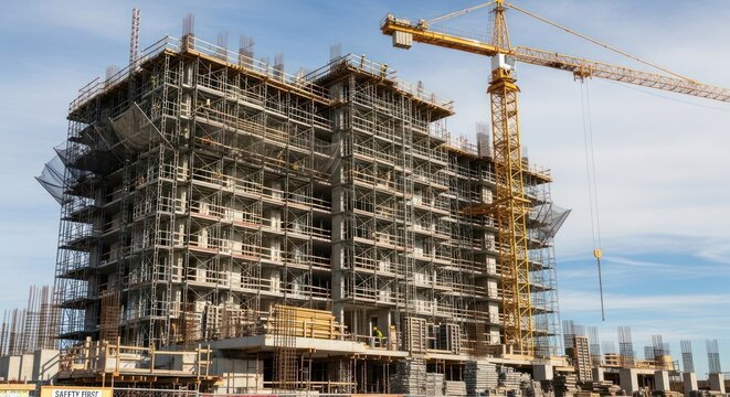A large, unfinished skyscraper under construction, surrounded by scaffolding and cranes, with a crane towering over it.