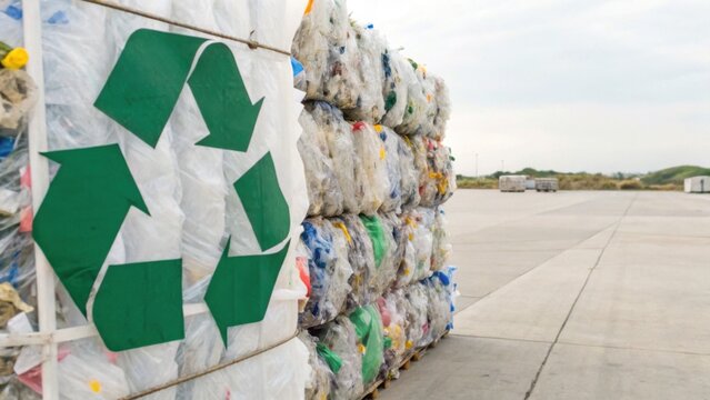 Large bales of compressed plastic bottles with a green recycling symbol stacked outdoors, highlighting waste management and recycling efforts.
