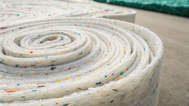 Rolled-up white insulation material with colorful specks, resting on a concrete floor in an industrial or construction setting.