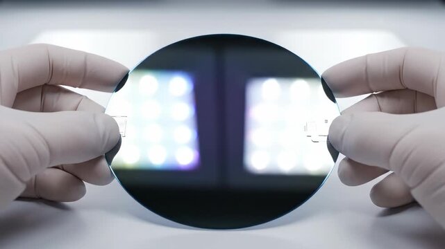 Precision cleanroom technology Gloved hand holds shiny silicon wafer, circular semiconductor disc showing microchip patterns, driving innovation
