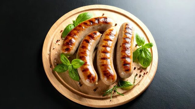 Four grilled bratwurst sausages with char marks on round wooden board with fresh basil and spices on dark table
