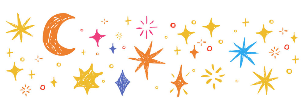 Star border spark crayon bling falling stars textured hand drawn divider. Simple pencil festive shiny space elements, moon, festive lights 