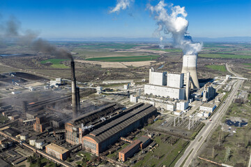 Aerial view of thermal power plant in Eastern Europe, Stara Zagora Region, Bulgaria