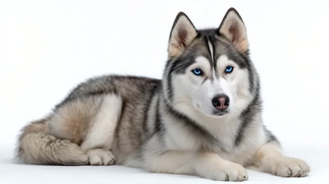 396Calm Siberian Husky sitting proudly, isolated on white background, thick double coat, piercing blue eyes, subtle side shadow for depth, professional studio lighting