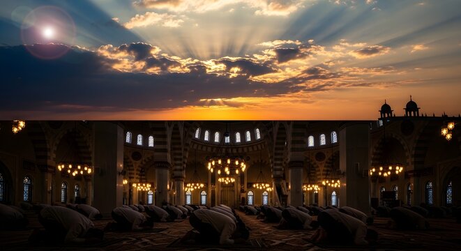 Dramatic sunset over mosque with people praying silhouette religious scene