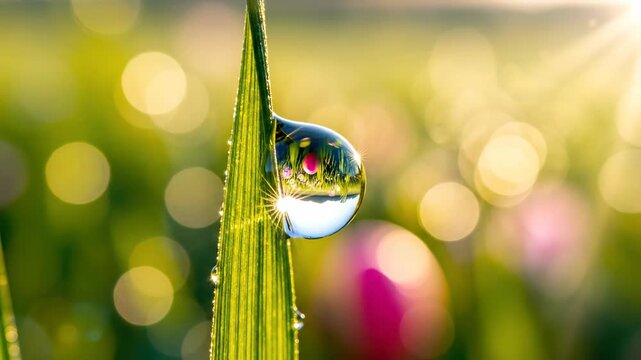 Water droplet, green grass blade, morning dew glistens. Bright sunlight creates fresh reflection, macro natures bokeh. Glistening dewdrop reveals