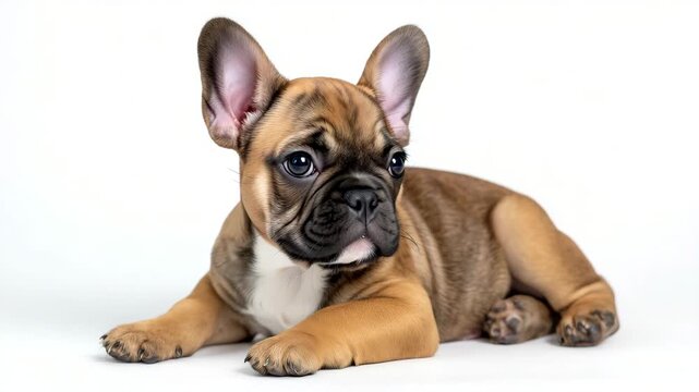 398Playful French Bulldog puppy sitting, isolated on white background, wrinkled face, bat-like ears, bright curious eyes, subtle shadow under paws, realistic fur and skin texture