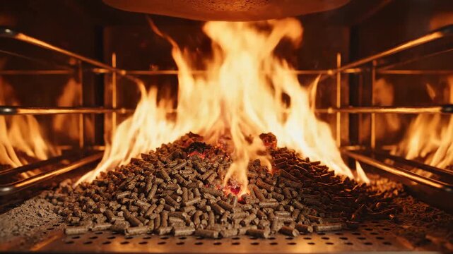 Bright powerful flames burn pile of wood pellets in combustion chamber. Intense heat and energy generate clean warmth, creating dynamic ambiance