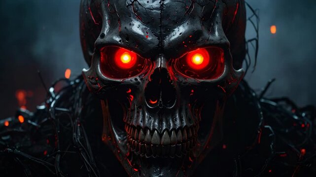 Evil mechanical skull with glowing red eyes and cracked black surface emerging from smoke and fire