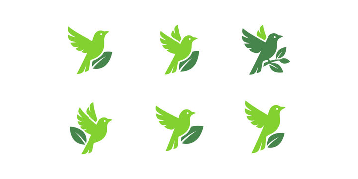 Modern bird silhouette logo set with leaves in flat vector design. Suitable for eco companies, organic farms, nature apps, wildlife branding, and sustainable businesses.