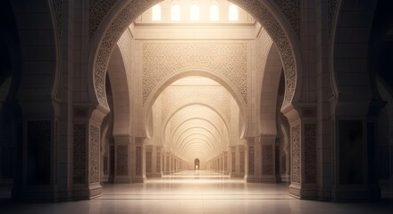 Fototapeta premium Grand arched hallway with light illuminating the end of the corridor