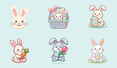 Obraz premium Cute Easter Bunny Icon Set With Eggs Basket Carrot And Flowers Spring Holiday Illustration