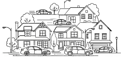 Obraz premium Suburban street scene with houses and cars in motion