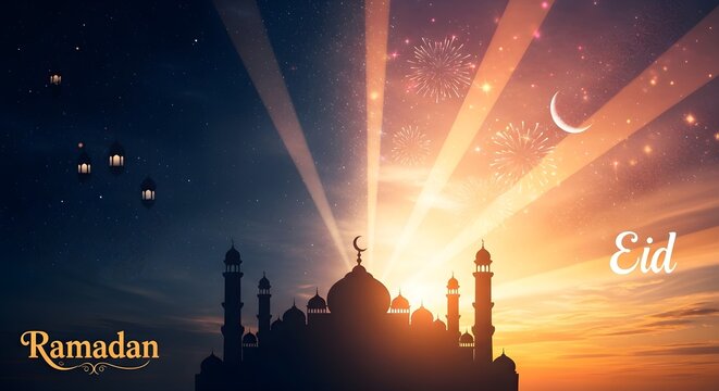 Islamic architecture silhouette with crescent moon and light rays against sky