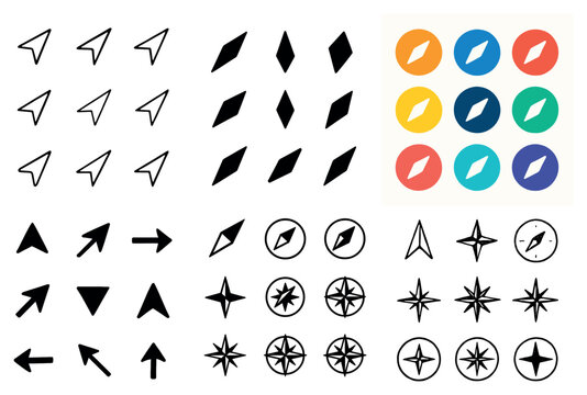 Navigation icons with compass arrow plane minimal