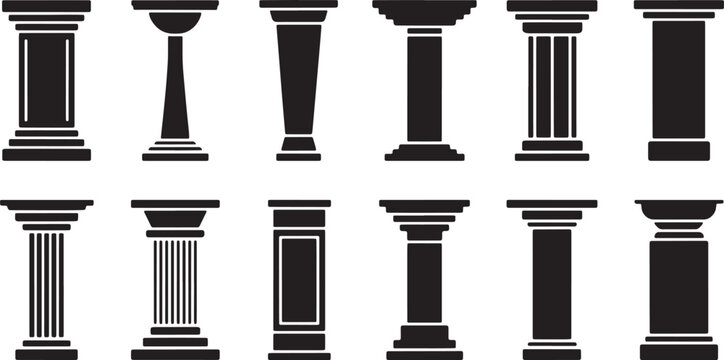 Set of black isolated classical architectural columns on transparent background