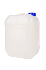 White plastic canister with clipping path isolated on white background Plastic jerrycan for construction liquids and chemical building materials isolated on white background