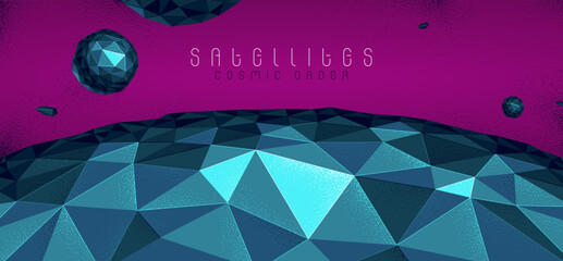 Abstract planet terrain with satellites flying around vector illustration, sci-fi space art, unknown distant planet panorama wallpaper, low poly design. © Sylverarts