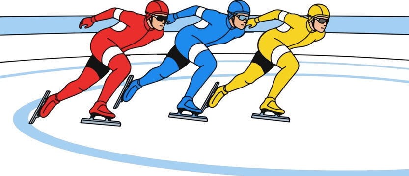 Three cartoon speed skaters in colorful racing suits on an ice rink