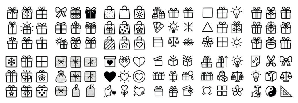 Gift icons with box and bag line