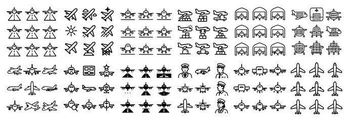 Fototapeta premium Aviation icons with airplanes pilots runways outline