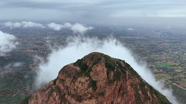 Aerial View of Kondarangi Hills with Rocky Peak and Clouds in Dindigul Tamil Nadu