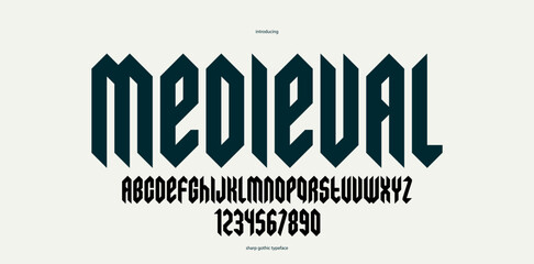 Sharp and bold gothic font for logo creation of for headlines, edgy geometric modern vector typeface, heavy metal and hard rock style alphabet with numbers. © Sylverarts