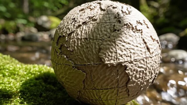 Textured globe depicting Earth landmasses on vibrant moss beside flowing stream. Peaceful scene, environmental responsibility and connection