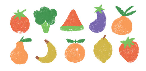 Fototapeta premium Hand drawn chalk fruit elements. Simple minimalistic vegetables. Strawberry, lemon and watermelon. Childish naive style.