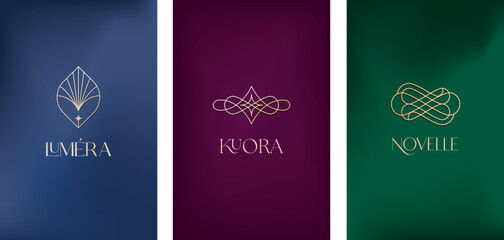 Naklejka premium Luxury elegant line art logo design set on dark color gradient background. Minimalist gold linear icons collection.