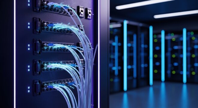 A futuristic data center with rows of servers connected by fiber optic cables, illuminated by blue and green lights, with a sleek, modern design.