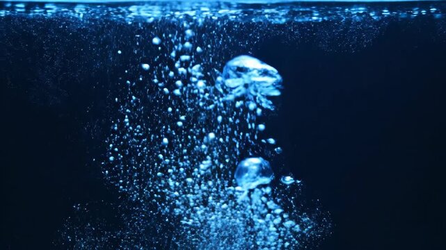 Deep dark water showcases vibrant blue bubbles rising gracefully, creating an abstract liquid texture refreshing effervescent motion and mesmerizing