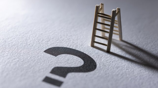 A miniature ladder casting a shadow next to a question mark, representing a concept of problem solving and exploration.
