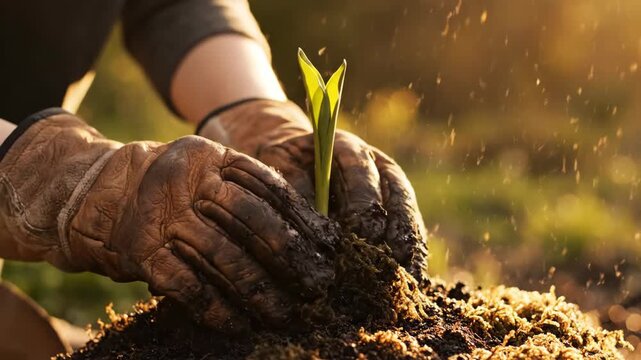 Gardener hand, protected by glove, carefully prepares dark soil, placing green sprout seedling for healthy plant growth and sustainable agriculture