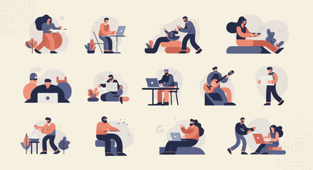 Fototapeta premium Diverse individuals engaged in various activities like working, playing music, and interacting