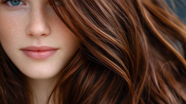 Close-up of a woman&rsquo;s brown hair, rich natural tones and soft highlights visible, individual strands sharply detailed, shallow depth of field, blurred neutral background, beauty ph