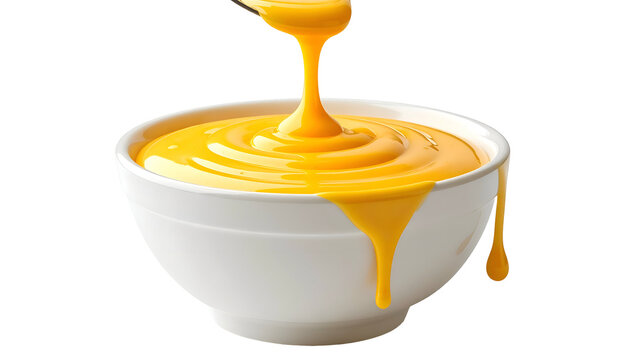 Creamy, vibrant orange sauce pouring from spoon into white bowl with drips
