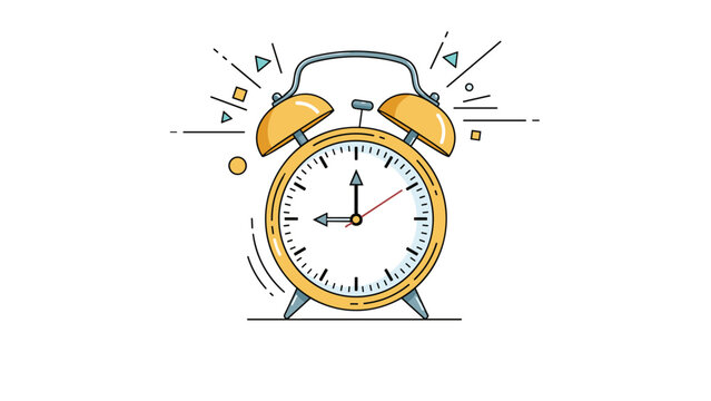 Classic yellow twin bell alarm clock is presented in a hand drawn style with decorative geometric shapes and motion lines.