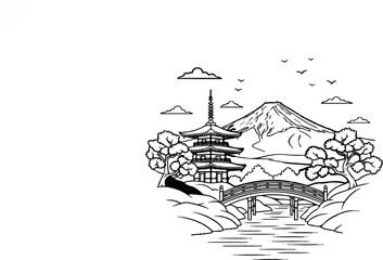 Obraz premium Japanese pagoda and snow-capped mountain with a bridge over a river