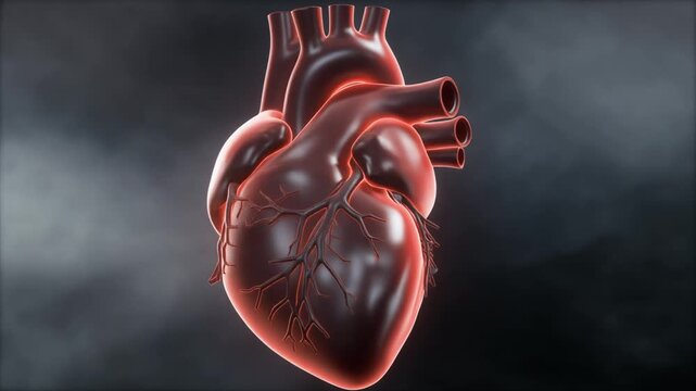 The human heart glows with a red light against a dark background